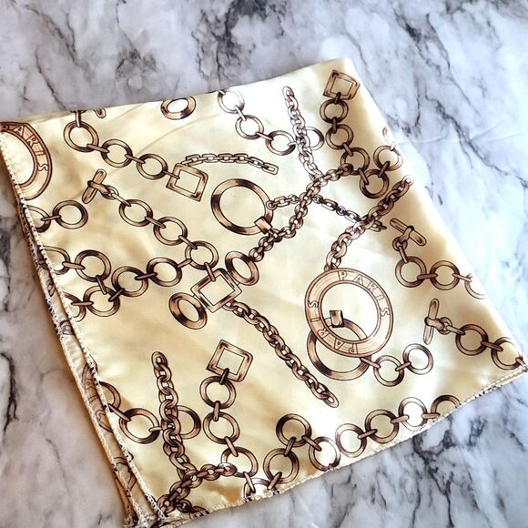 Vintage Style Chain Print Square Scarf Beige and Brown Elegant Satin Neckerchief - Picture 4 of 9